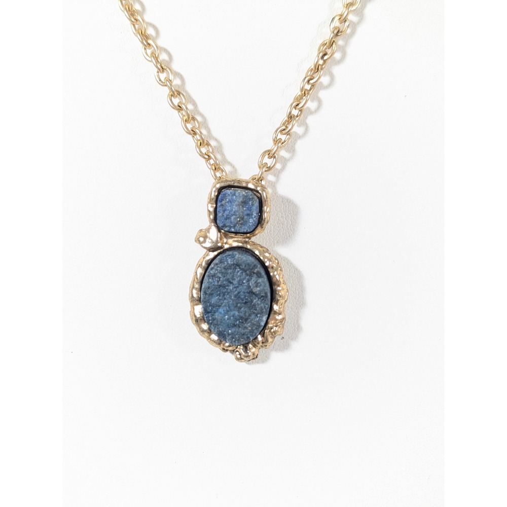 Blue Stone Cabochon Pendant Necklace Gold Tone Etruscan Revival 22" Retro